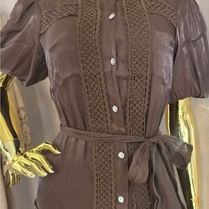 Brown Lace-Trim Button Front Belted Dress